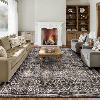 Vintage Floral Area Rug for Living Room, 10x13 Washable Soft Non Slip Bedroom Nursery Rugs, Indoor Traditional Distressed Large Under Table Carpet for Dining Room Office, Red Brown