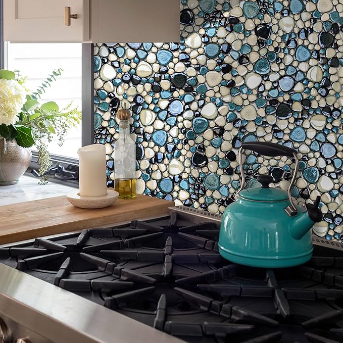 Pebble Tiles 5 Sheets, Aqua Teal Blue Mosaic Tiles for Accent Wall Backsplash, Pebble Tile for Bathroom Shower Floor