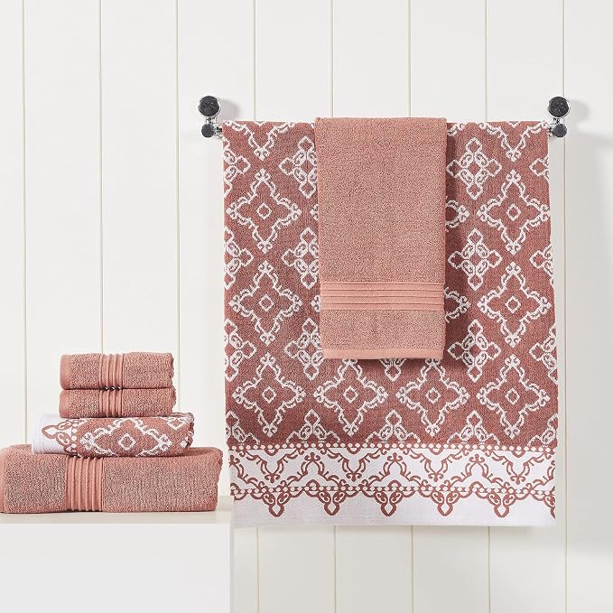 Modern Threads Charlize 6-Piece 100% Cotton Towel Set – Reversible Yarn Dyed Jacquard & Solid – Includes 2 Bath Towels, 2 Hand Towels, 2 Washcloths – Absorbent, Quick Dry, Soft & Durable – Clay