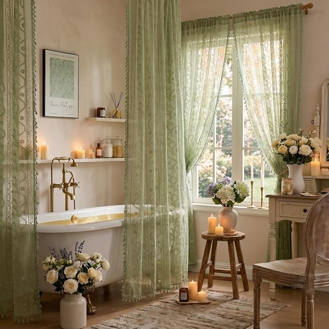 WAZZIO Sage Green Lace Shower Curtain - Vintage Pretty Floral Sheer Shower Curtains, Elegant Decorative Tassel Bath Curtains for Bathroom, 72 x 80 Inch, 1 Piece