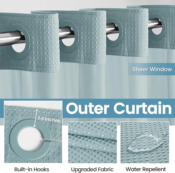 EUTXL Heavyweight Waffle No Hook Shower Curtain with Liner, Fog Blue, 71x74 | Snap in Liner, 256GSM, Thick, Hotel Luxury Spa, Waterproof Fabric, Corner Magnets, 3 in 1 Set, Washable, Hang in Seconds