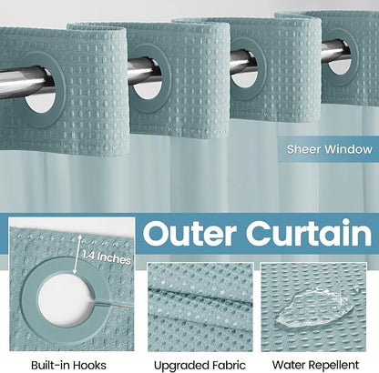 EUTXL Heavyweight Waffle No Hook Shower Curtain with Liner, Fog Blue, 71x74 | Snap in Liner, 256GSM, Thick, Hotel Luxury Spa, Waterproof Fabric, Corner Magnets, 3 in 1 Set, Washable, Hang in Seconds