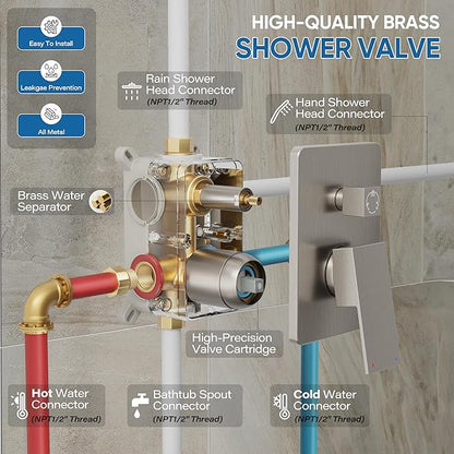 Tub Shower System, All Metal Tub Shower Faucet Set with 12" Rain Shower Head and Handheld Spray combo, Wall Mounted Shower Systems with Tub Spout, Valve and Trim Kit, Brushed Nickel