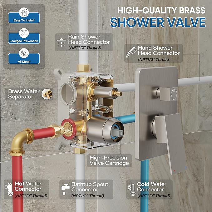 Shower System with Tub Spout, All Metal Tub Shower Faucet Set with 10" Rain Shower Head and Handheld Spray combo, Wall Mounted Tub Shower Systems with Valve and Trim Kit, Brushed Nickel