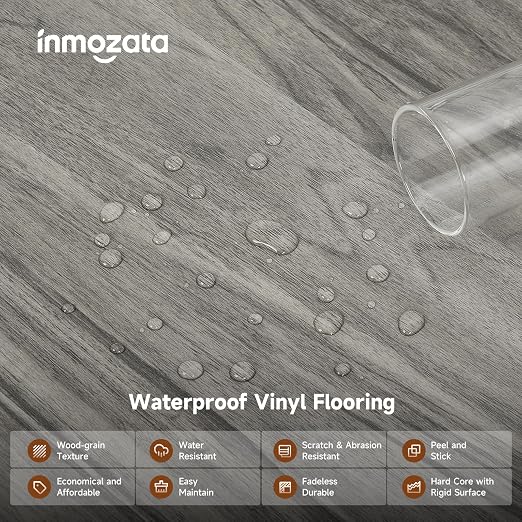 INMOZATA 36-Pack Peel and Stick Floor Tile Vinyl Flooring (Grayish) | 54 Sq.Ft, Waterproof, Heat-resistant, Wood Grain, Strong Adhesive, DIY Flooring for Bedroom Living Room Bathroom Kitchen RV