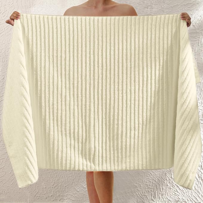 Elegant Comfort 100% Turkish Cotton Corduroy Ribbed Luxury Jumbo Bath Towel Ultra Soft - 35 x 70 Inch - Luxury Spa Premium Hotel Quality Highly Absorbent and Quick Dry Large Bath Towel, Ivory