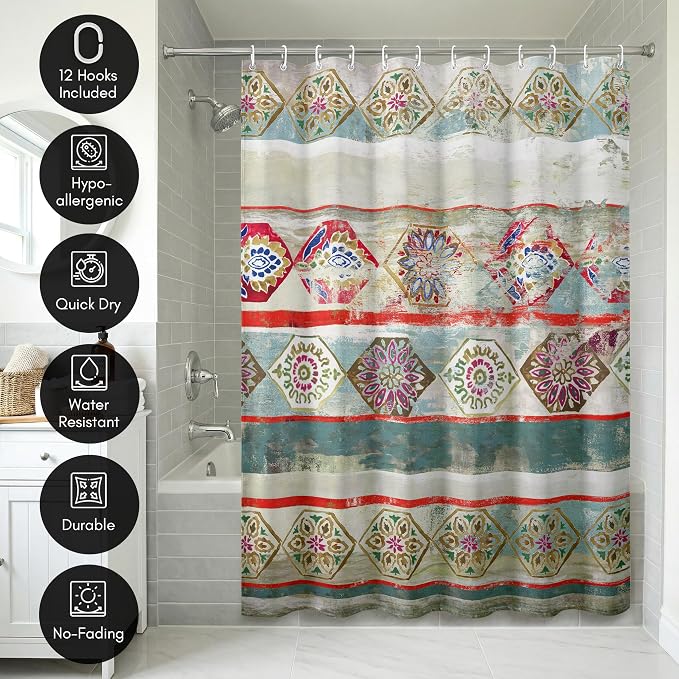 Americanflat 71x74 Boho Shower Curtain - Water-Resistant Long Shower Curtain with Durable Metal Grommets and 12 Hooks - 100% Polyester - Turquoise, Rust Red, Magenta and Olive Green