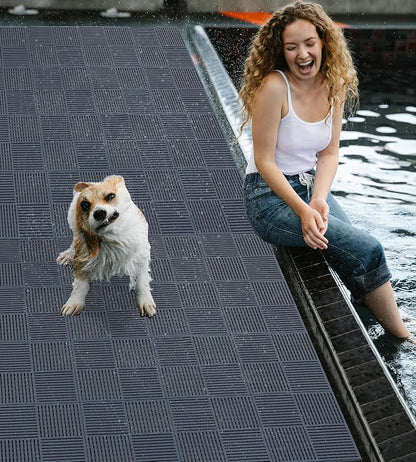 9 Pack Modular Interlocking Tiles Double Non-Slip 12"x12" Dark Gray | 0.4" Thick with Drain Holes for Pool Deck Shower Garage Basement Boat Pet Area Wet Floors Easy Install