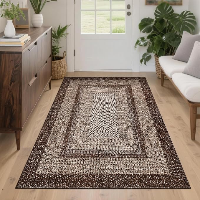 Printed Washable Area Rugs 4x6 Rug for Living Room Indoor Mats for Entryway Soft Bedroom Rug Non Slip Modern Braided Farmhouse Throw Rugs Low Pile Stain Resistant Carpet 4'x6' Dark Brown