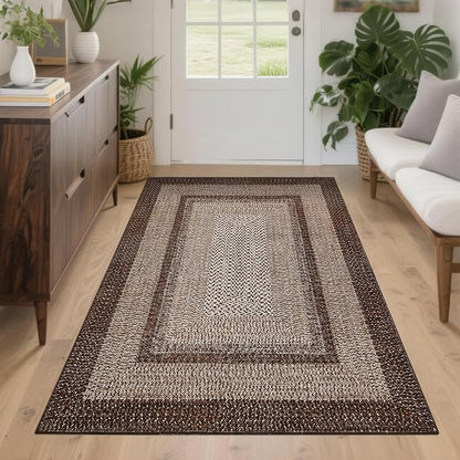 Printed Washable Area Rugs 4x6 Rug for Living Room Indoor Mats for Entryway Soft Bedroom Rug Non Slip Modern Braided Farmhouse Throw Rugs Low Pile Stain Resistant Carpet 4'x6' Dark Brown