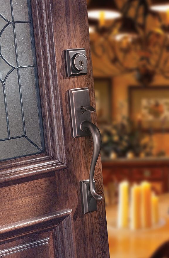 Kwikset Hawthorne Front Door Lock Handle and Deadbolt Set, Entry Handleset Exterior with Interior Door Knob, Venetian Bronze, Pick Resistant SmartKey Rekey Deadbolt Security, with Microban Protection