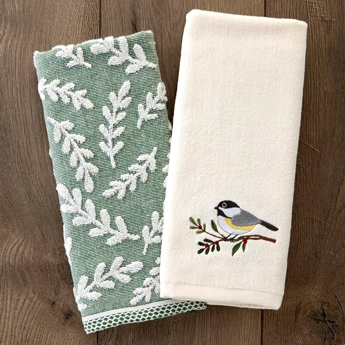 SKL Home Leaf Sprig Hand Towel Set-2pc, 100% Cotton, Reversible, Spruce | Soft & absorbent jacquard. For use in the bathroom, kitchen, or bar & makes a great gift.