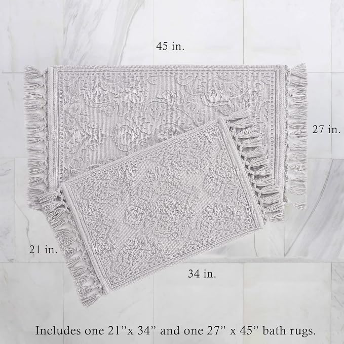 Jean Pierre - Ricardo Bath Mats, Set of 2 Woven Fringe Bathroom Rugs, 100% Cotton, Premium Bathroom Decor - Measures 17" x 31" and 21" x 41" - Light Gray