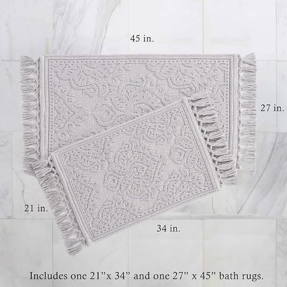 Jean Pierre - Ricardo Bath Mats, Set of 2 Woven Fringe Bathroom Rugs, 100% Cotton, Premium Bathroom Decor - Measures 17" x 31" and 21" x 41" - Light Gray