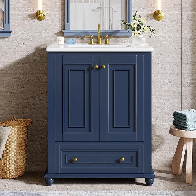 Tribesigns 24" Bathroom Vanity with Ceramic Sink Combo, Freestanding Bathroom Storage Vanity Cabinet with 2 Doors & 1 Drawer, Solid Wooden Frame & Coated Surface, Metal Handle, Navy Blue