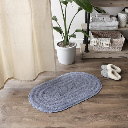 DII Crochet Collection Reversible Bath Mat, Large Oval, 21x34, Stonewash Blue