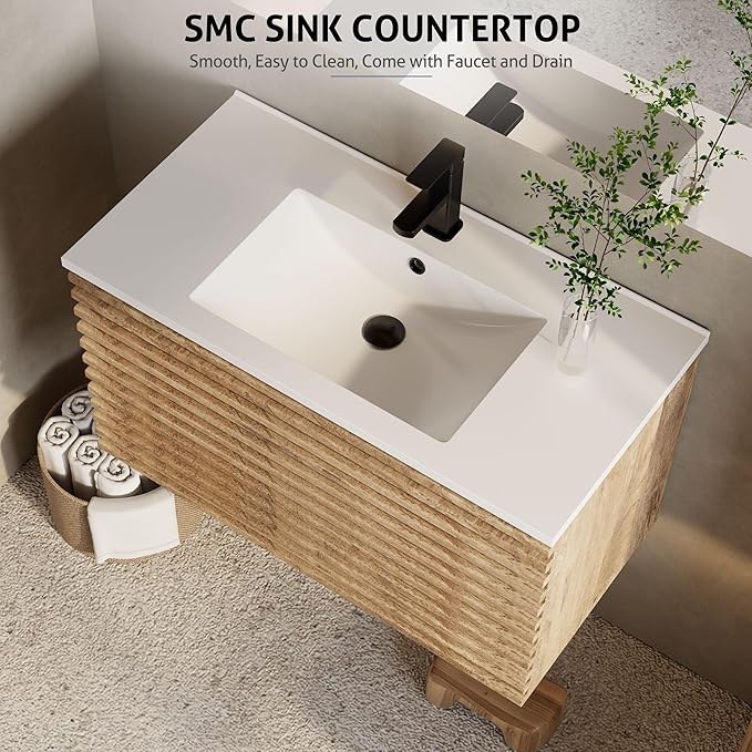 eclife 36" Floating Bathroom Vanity with Sink Combo Mid-Century Wall Mounted Cabinet with Wood Stripes Decor, Drawers, Undermount Single Sink, Faucet, Drain, Light Walnut