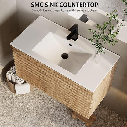 eclife 36" Floating Bathroom Vanity with Sink Combo Mid-Century Wall Mounted Cabinet with Wood Stripes Decor, Drawers, Undermount Single Sink, Faucet, Drain, Light Walnut