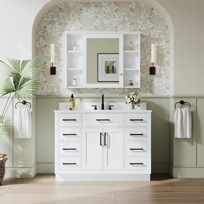 48-Inch Bathroom Vanity with Sink W/ 2 Doors & 8 Drawers & 1 Flip Drawer, White Vanity W/Matte Black Handles