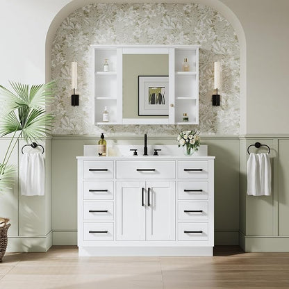 48-Inch Bathroom Vanity with Sink W/ 2 Doors & 8 Drawers & 1 Flip Drawer, White Vanity W/Matte Black Handles