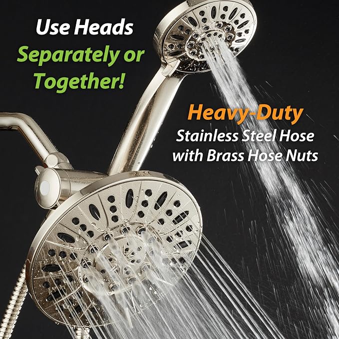 AquaDance 7" Premium High Pressure 3-way Rain & Handheld Shower Head Combo | Enjoy Dual 6-Setting Luxury Shower Heads Separately or Together for the Best of Both Worlds! Stainless Steel Hose - Nickel