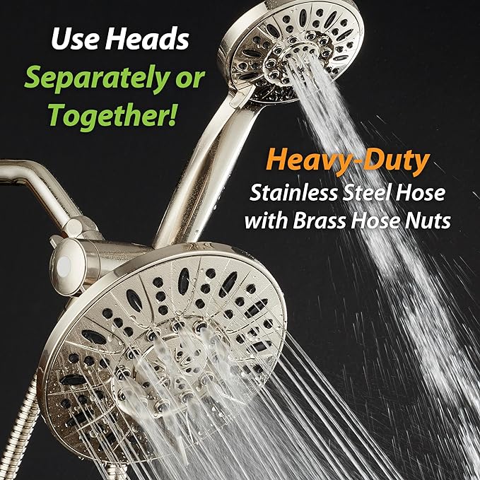 AquaDance 7" Premium High Pressure 3-way Rain & Handheld Shower Head Combo | Enjoy Dual 6-Setting Luxury Shower Heads Separately or Together for the Best of Both Worlds! Stainless Steel Hose - Nickel