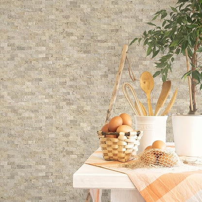 SUNWINGS 5-Sheet Peel and Stick Mosaic Natural 3D Stone Self Adhesive Travertine Tiles, 10.63" x 11.22" Stick on Backsplash for Kitchen Bathroom Fireplace Vanity, Beige
