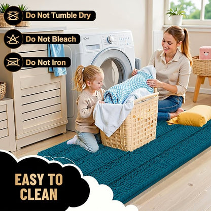 OLANLY Thick Bathroom Runner Rugs 47x24, Chenille Bath Rugs, Peacock Blue | Absorbent Striped, Rubber Backing, Machine Wash, Long Bath Mats for Bathroom Floor, Tub and Shower, Home Decor Accessories