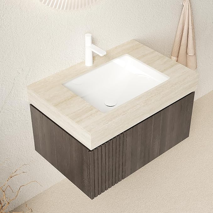 Ambrovina 30" Floating Bathroom Vanity with Sink, Wall Mounted Storage Vanities with Drawer and Door, Roma Travertine-Pattern Countertop and Ceramic Basin, Pre-Assembled Cabinet, Espresso Woodgrain