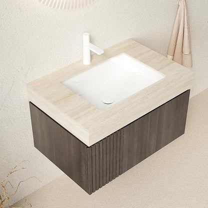Ambrovina 30" Floating Bathroom Vanity with Sink, Wall Mounted Storage Vanities with Drawer and Door, Roma Travertine-Pattern Countertop and Ceramic Basin, Pre-Assembled Cabinet, Espresso Woodgrain