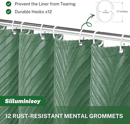 Extra Long Green Boho Shower Curtain, 72 x 84 Tufted Leaves Textured Striped Modern Farmhouse Minimalist Cloth Shower Curtain for Bathroom