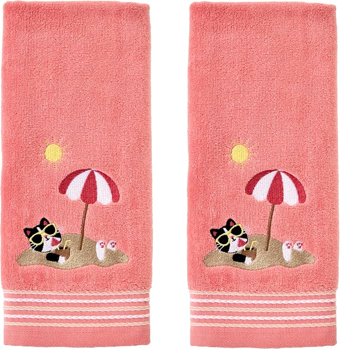 SKL Home Buried Cat Hand Towel 2pc Set for Bath/Kitchen/Bar & Gift, Coral Pink