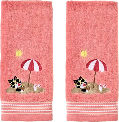 SKL Home Buried Cat Hand Towel 2pc Set for Bath/Kitchen/Bar & Gift, Coral Pink