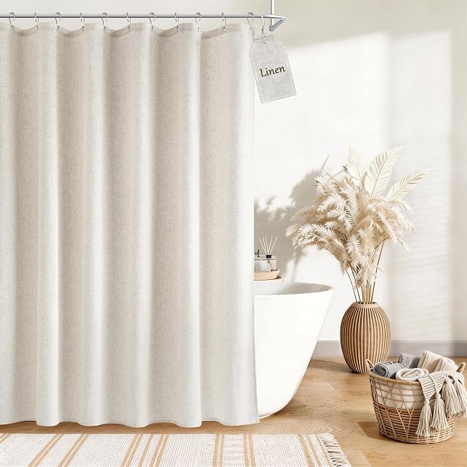 Extra Long Linen Shower Curtain for Bathroom 84 Inch Cream Beige | Weighted Shower Curtains with Hooks,Neutral Rustic Boho Farmhouse, Simple Luxury Bath Curtain, 1 Panel, 72x84, Natural Ivory