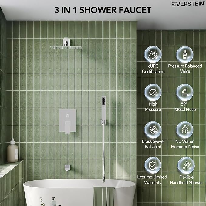 Shower Tub Faucet Set, 10" Bathroom Rainfall Shower Head Fixtures Combo with Handheld Spray and Tub Spout, Chrome (Valve Included)