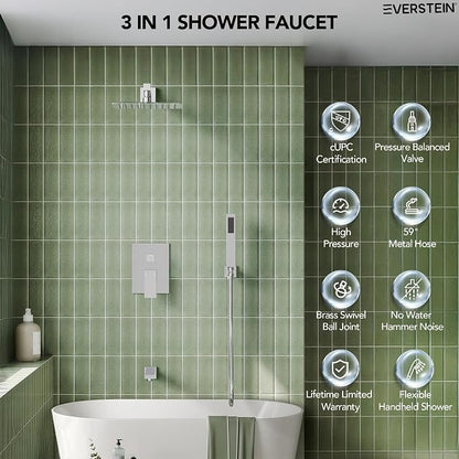 Shower Tub Faucet Set, 10" Bathroom Rainfall Shower Head Fixtures Combo with Handheld Spray and Tub Spout, Chrome (Valve Included)