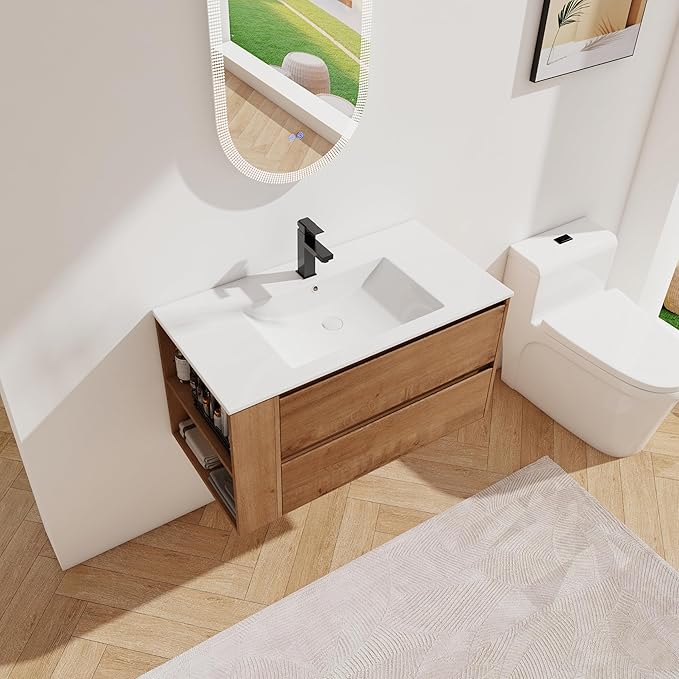 Henf 36" Wall Mounted Bathroom Vanity with Ceramic Sink, Modern Floating Oak Bathroom Vanity Cabinet with 2 Soft Close Drawers & Open Storage Shelf