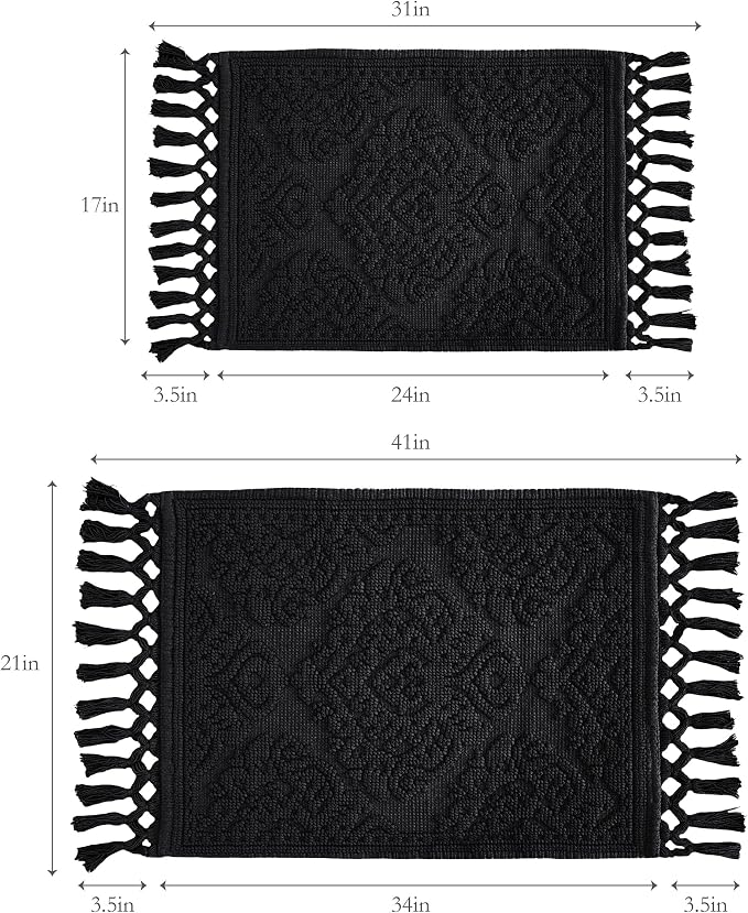 Jean Pierre – Ricardo Bath Mats, Set of 2 Woven Fringe Bathroom Rugs, 100% Cotton, Premium Bathroom Decor - Measures 17" x 31" and 21” x 41”- Black
