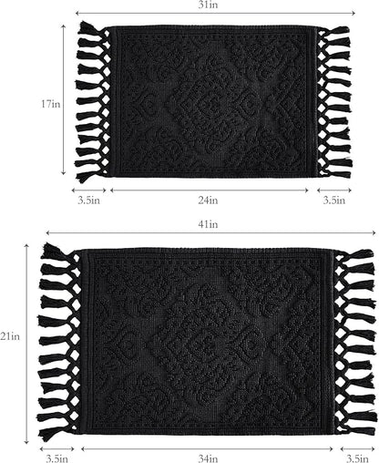 Jean Pierre – Ricardo Bath Mats, Set of 2 Woven Fringe Bathroom Rugs, 100% Cotton, Premium Bathroom Decor - Measures 17" x 31" and 21” x 41”- Black