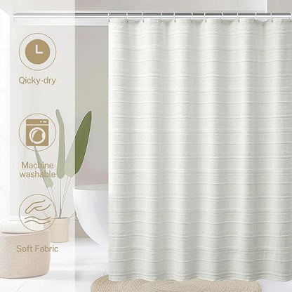 Farmhouse White Shower Curtain Boho, 72 x 72 Cotton Blend Tufted Weave Waffle Stripe Textured Heavy Duty, Fabric Shower Curtain for Bathroom, Hotel