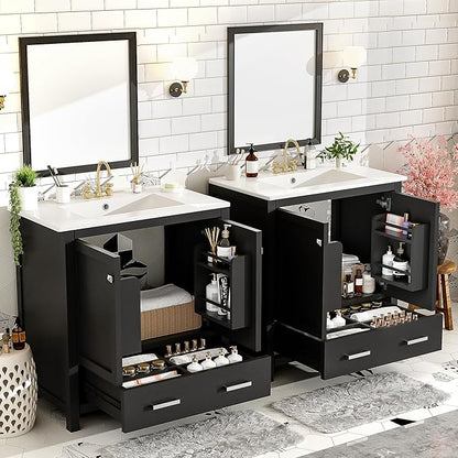 LUMISOL 60" Bathroom Vanity with Double Sink, Solid Wood Bathroom Cabinet with 2 Drawers, Storage Racks & 2 Cabinets, Separate Two 30 Inch Bathroom Vanities with Double Ceramic Sinks, Black