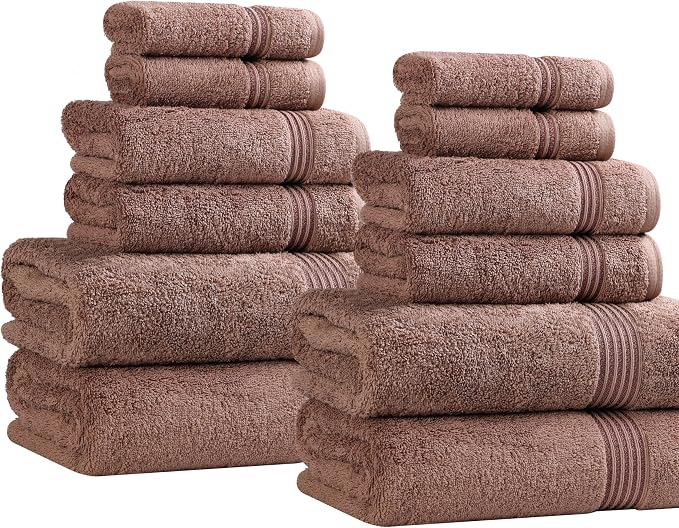 Superior Egyptian Cotton 12-Piece Towel Set, Assorted Towels for Home Bathroom, Guest Bath Decor Essentials, Includes 4 Bath, 4 Hand, 4 Face Towels/Washcloths, Quick Dry, Absorbent - Mocha