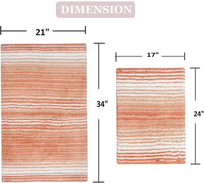 Home Weavers 100% Cotton Gradiation Collection Bathroom Décor | Washable Rug | Bathroom Mat | Kitchen Mat | Bathroom Rug Set | Bath Mat Set | Bath Floor Mat Non Slip, 2 Piece Set(S+M), Coral