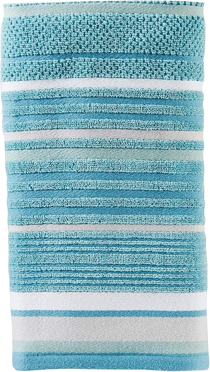 SKL Home Seabrook Stripe Hand Towel Set-2pc, Premium 100% Cotton, Teal | 550 GSM weight. Spa-level quality. Soft & absorbent textured jacquard. For the bathroom, kitchen, bar or any sink space.