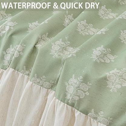 ORTIGIA Linen Textured Ruffle Shower Curtain with Metal Hooks, Green Vintage Block Print Floral Boho Waterproof Bath Curtain for Rustic Farmhouse Bathroom Decor 72x72 Inch