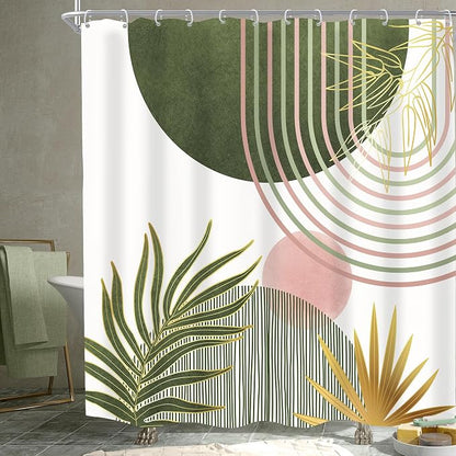 Mid Century Sage Green Pink Boho Abstract Bathroom Shower Curtain Set | 72Wx72L S Plant design, waterproof HD print with fast-drying fabric and 12 hooks.