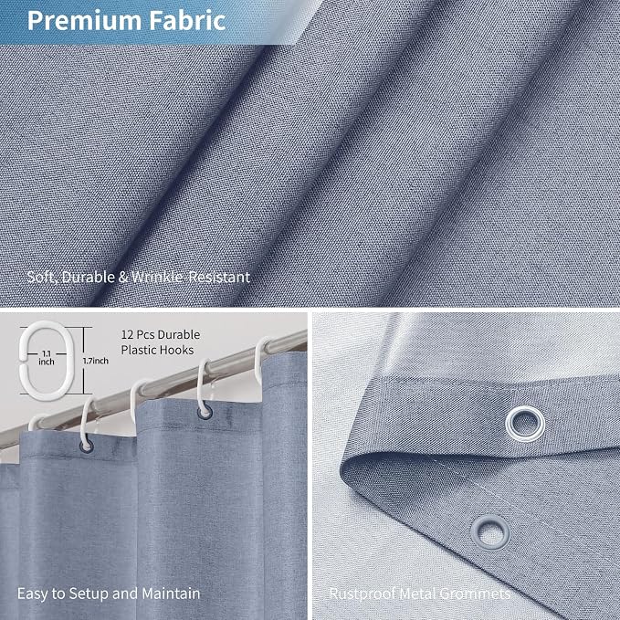Long Fabric Shower Curtain,No Liner Needed,72x78,Blue Gray | 2-in-1 Design,Linen Textured,100% Waterproof TPU-Laminated Backing,Magnetic Weighted,Machine Washable,For Bathroom,Hotel