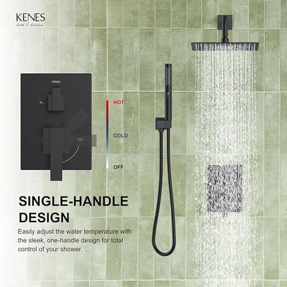 KENES Matte Black Square Rainfall Shower System Faucet Set with Handheld | Shower Faucet with 10-Inch Rain Shower Head, Square Shower System, Valve Included, Lead-Free cUPC & NSF Certified, Stainless