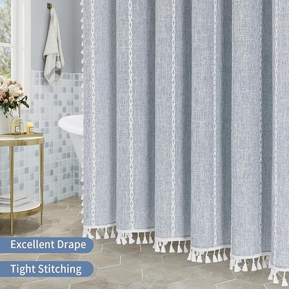 MitoVilla Blue Boho Fabric Shower Curtain, Modern Farmhouse Polyester Linen Shower Curtains for Vintage Rustic Bathroom Decor, Country Tassel Thick Cloth Shower Curtain, 72 x 72