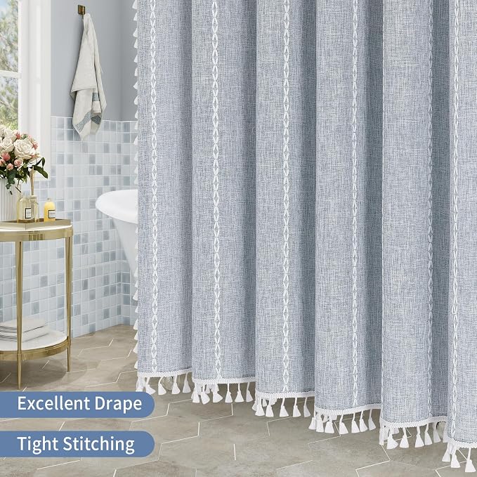 Boho Farmhouse Tassel Linen Shower Curtain,3D Embroidery Stripe Blue,36x72 | Small Stall Half Size,310GSM Linen Texture Heavy Duty Cloth,Water Repellent,Wrinkle Resistant,Vintage Rustic Country design